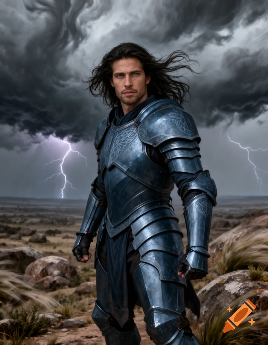 A photorealistic portrait of a dark-haired knight in blue armor standing in a rocky field with lightning and stormy skies.