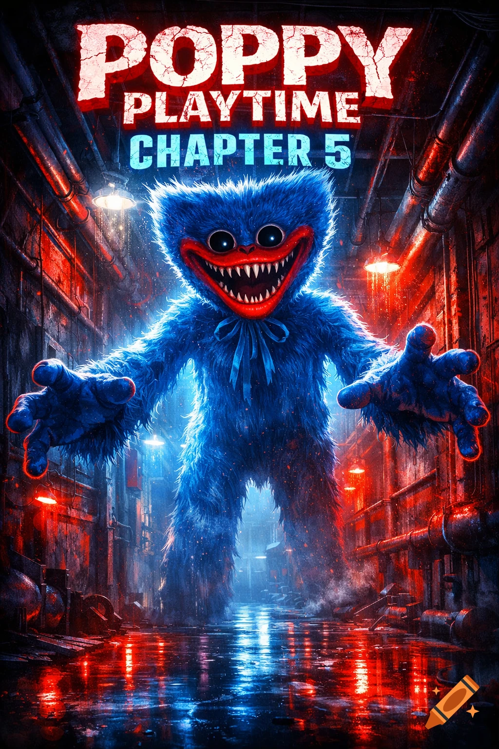 Poster for Poppy Playtime Chapter 5, featuring the blue furry monster Huggy Wuggy with sharp teeth in a dark, neon-lit industrial hallway.