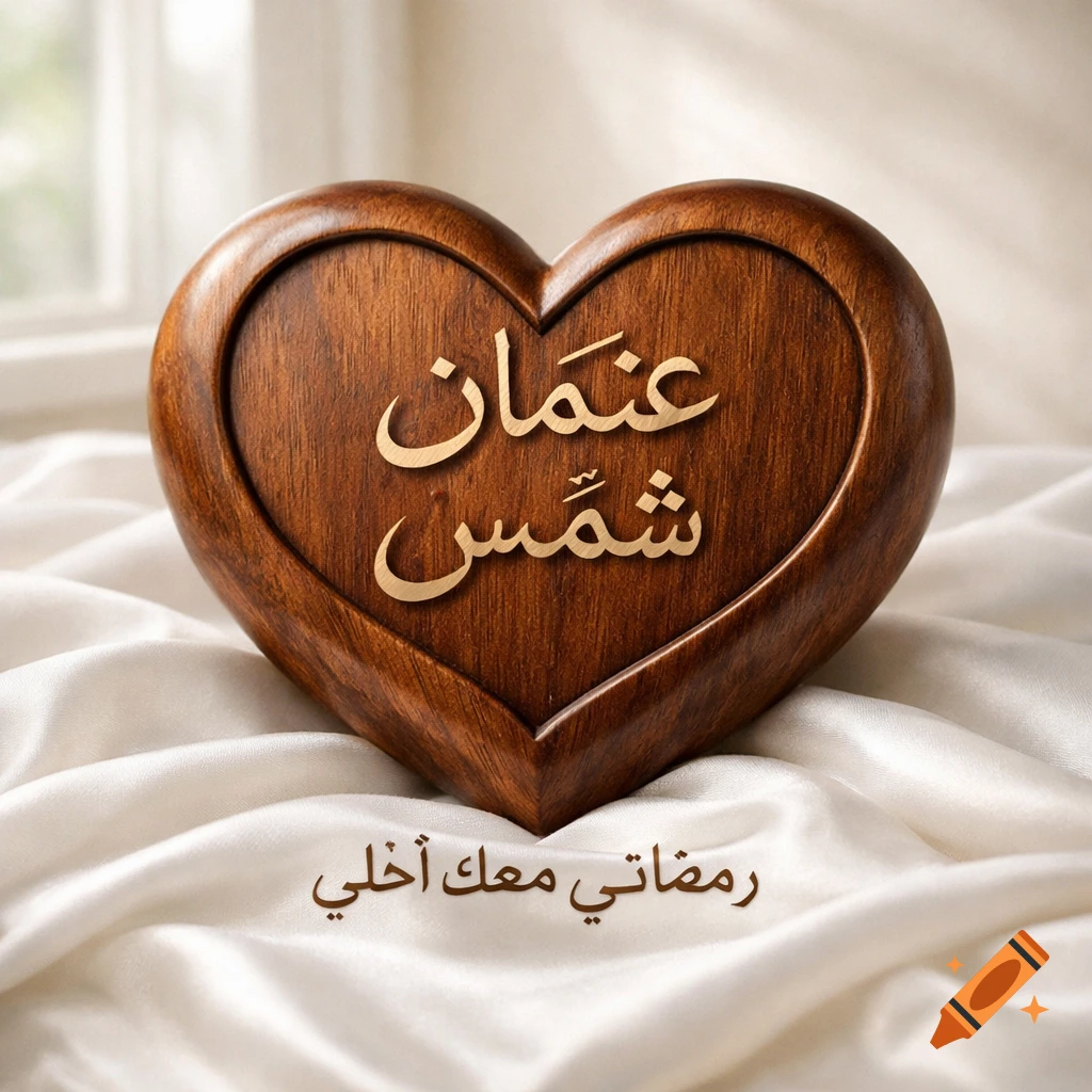 A wooden heart with 'Othman' and 'Shams' in gold Arabic script, resting on white satin fabric. Below is the Arabic phrase 'My Ramadan is sweeter with you'.