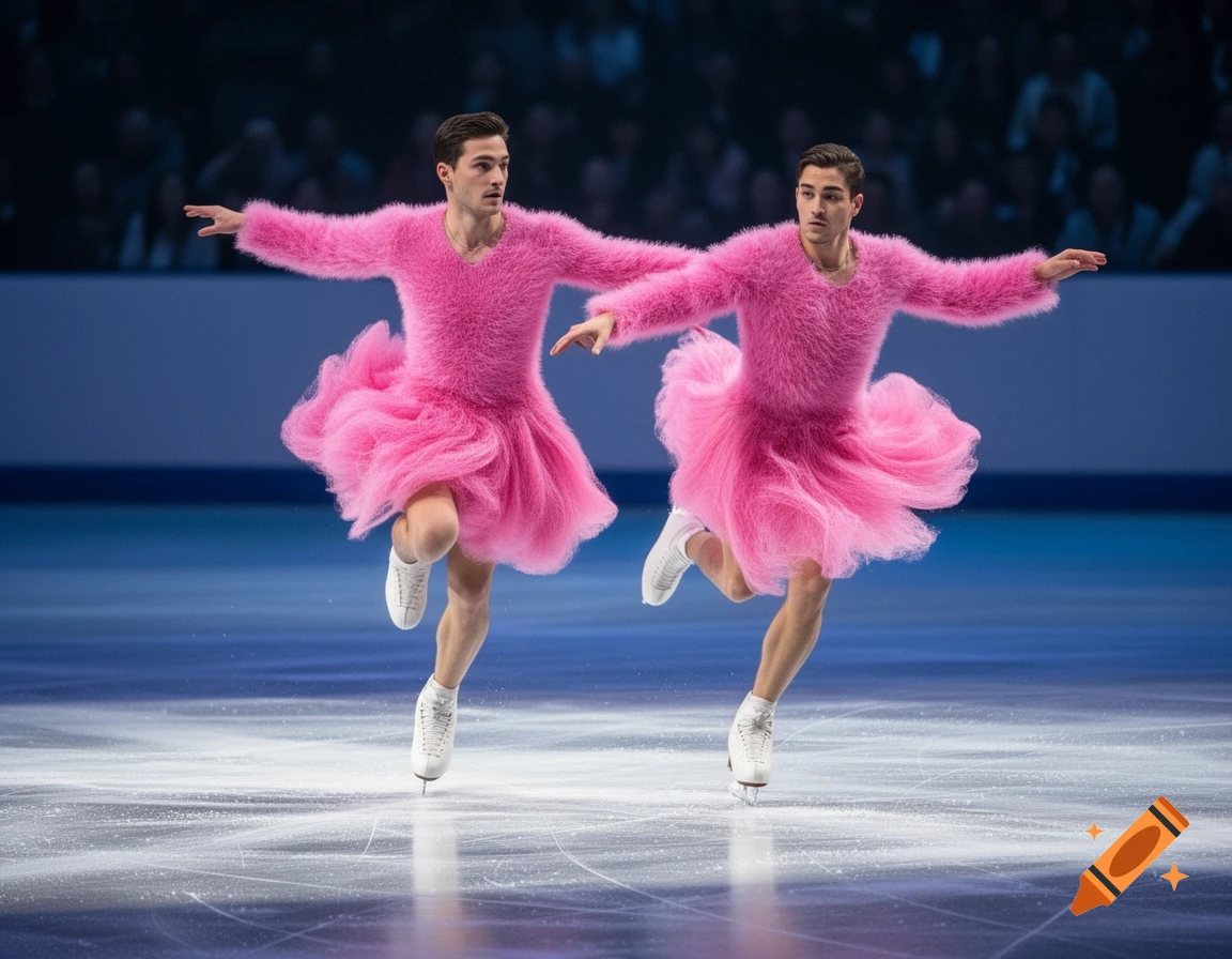 Two male figure skaters in matching fluffy pink dresses glide across an ice rink, captured mid-performance.