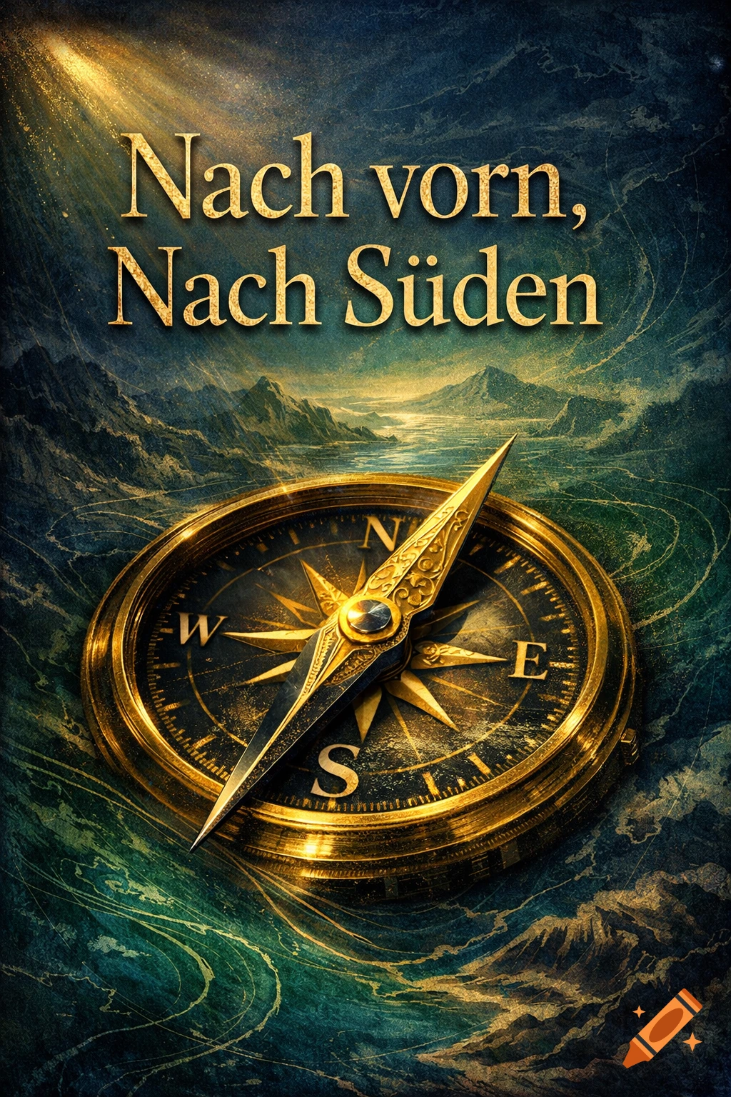A stylized golden compass on a textured teal and green background with mountains and the German text 'Nach vorn, Nach Süden'.