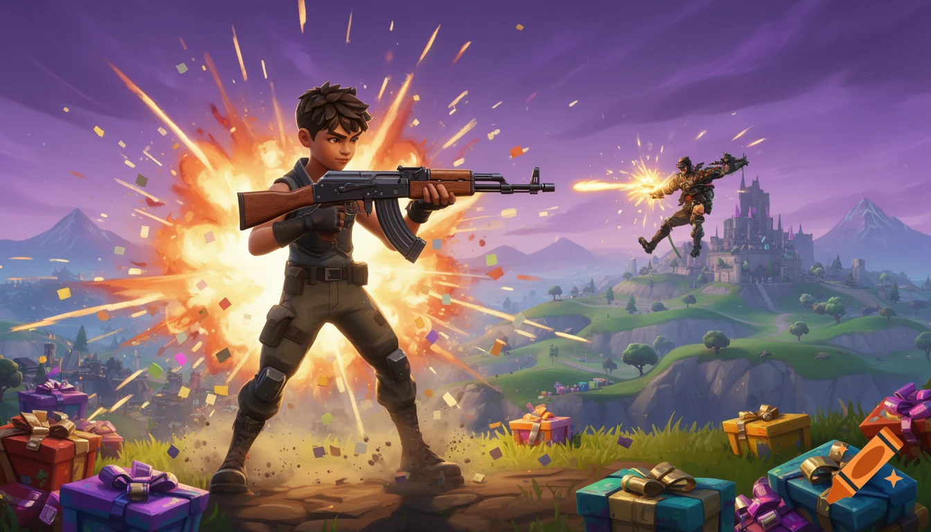 A stylized boy in a Fortnite-like world shoots an AK-47, surrounded by an explosion and gift boxes, hitting an airborne player.