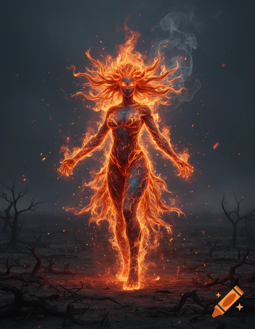 A radiant female fire elemental stands on cracked earth with barren trees, enveloped in vibrant flames and smoke.