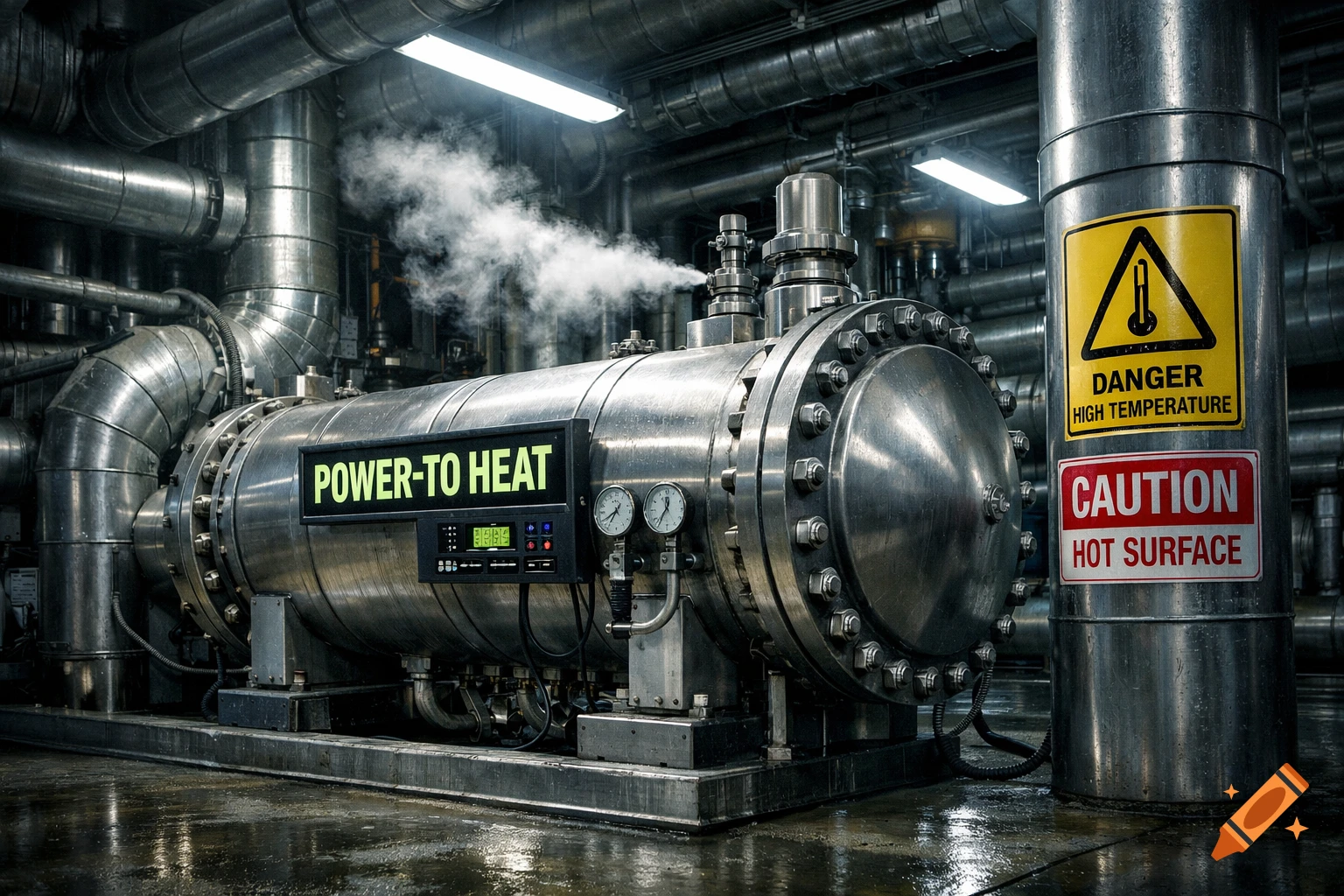 A large, metallic industrial machine labeled "POWER-TO HEAT" emits steam in a factory, with warning signs on a nearby pipe.