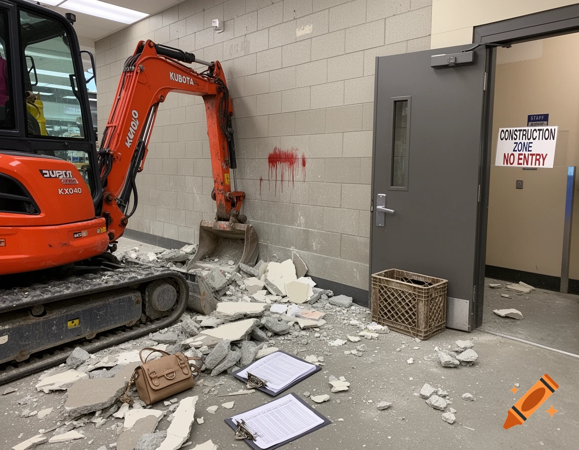 An orange Kubota excavator stands amidst concrete debris, a purse, and clipboards. A red smear marks the wall, next to an open door with a 'CONSTRUCTION ZONE NO ENTRY' sign.