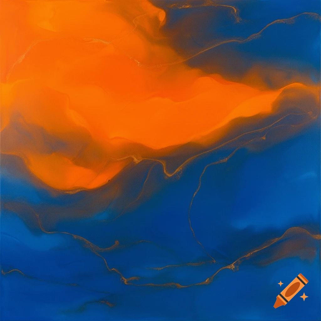 An abstract painting featuring flowing, vibrant orange shapes against a deep blue background, accented with delicate gold lines.
