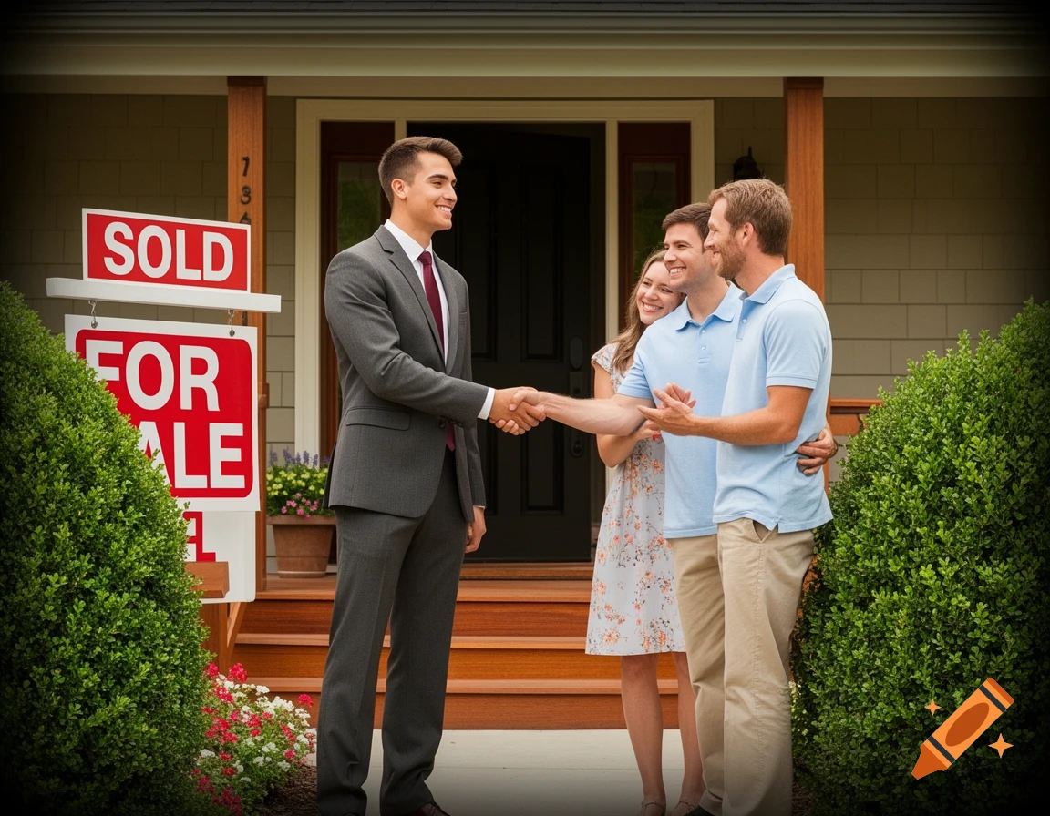 Photorealistic image of a real estate agent shaking hands with a couple in front of a house with a 'SOLD' sign.