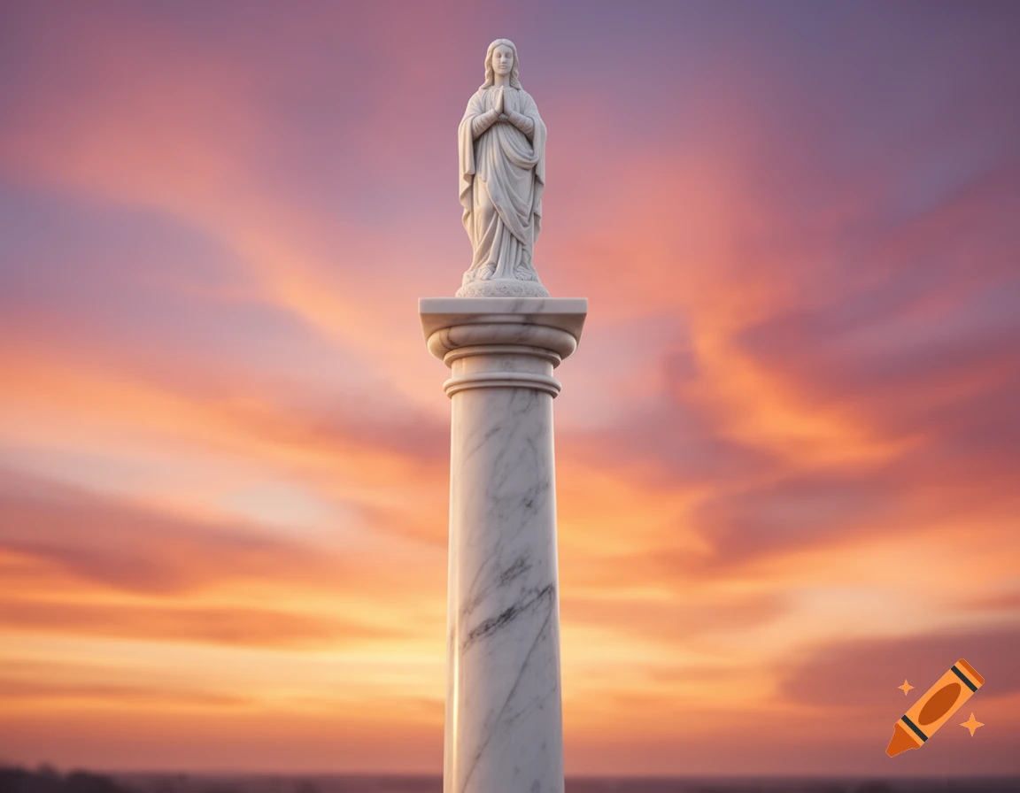 A white marble statue of a robed figure with hands clasped in prayer, atop a marble column against a vibrant sunset sky.