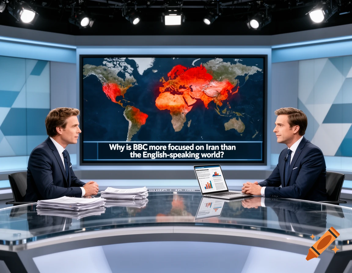 Two male news anchors sit at a glass desk in a modern TV studio, with a world map and text about BBC and Iran on the large screen behind them.