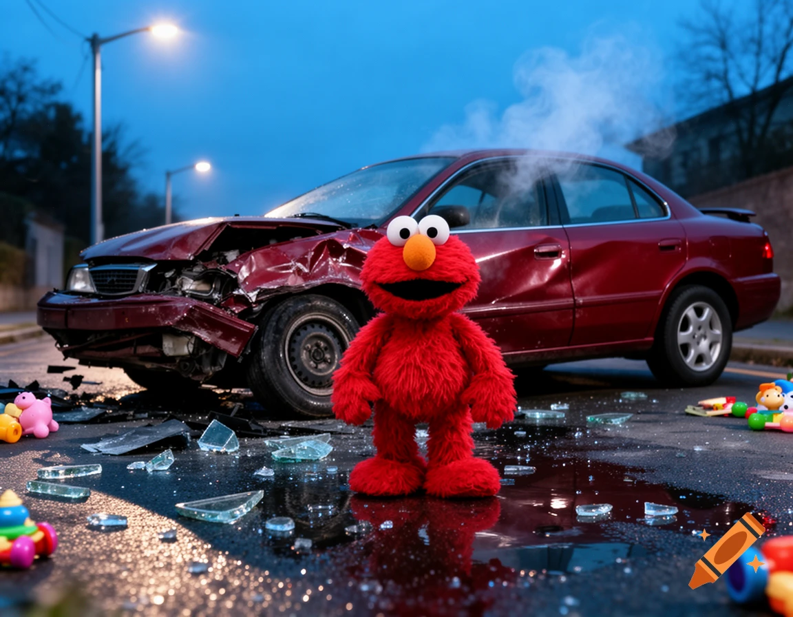 Elmo stands in the street before a heavily damaged red car after an accident, surrounded by broken glass and scattered toys at dusk.