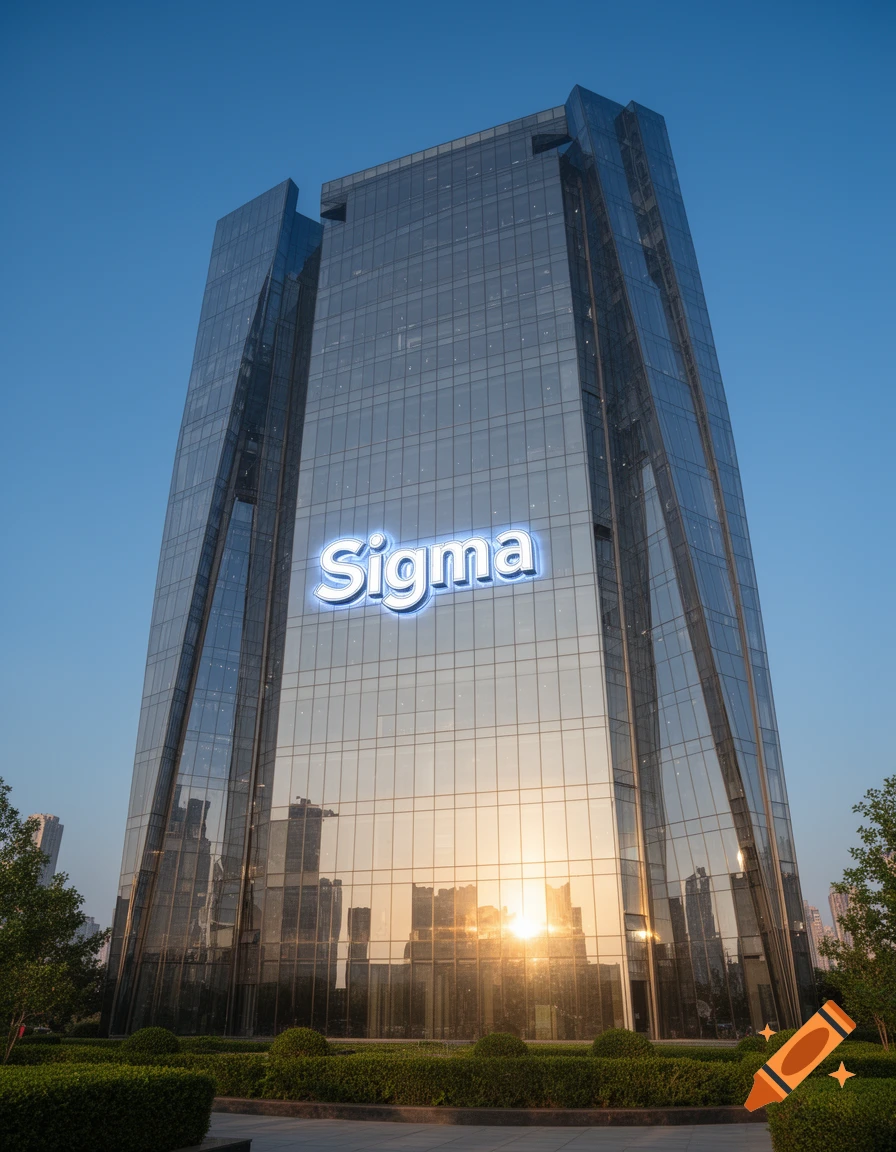 A modern glass skyscraper with the name 'Sigma' illuminated on its facade, reflecting a sunset in its windows.