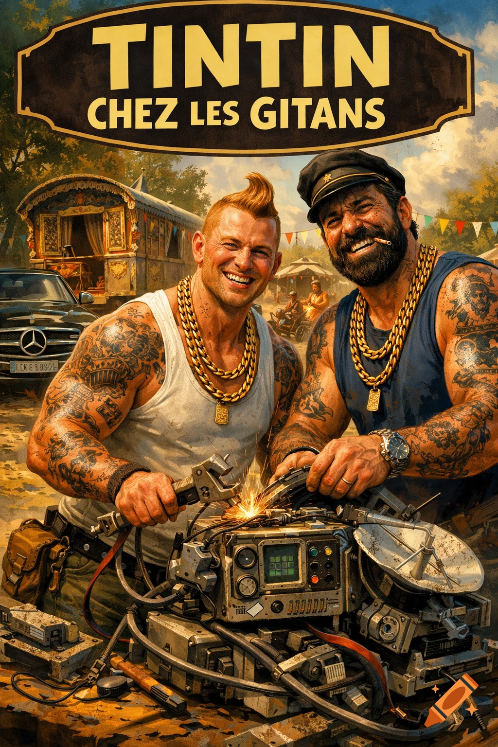 Two muscular, tattooed men with gold chains, smiling as they weld scrap metal. In the background, a caravan and a Mercedes car under a 'Tintin' title banner.