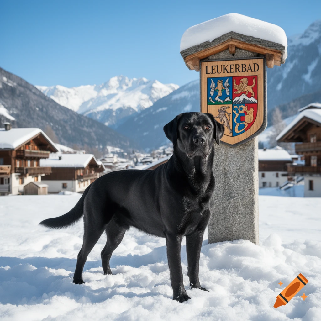 A black Labrador stands in deep snow in a sunny alpine village, with a 'LEUKERBAD' sign, chalets, and snowy mountains in the background.