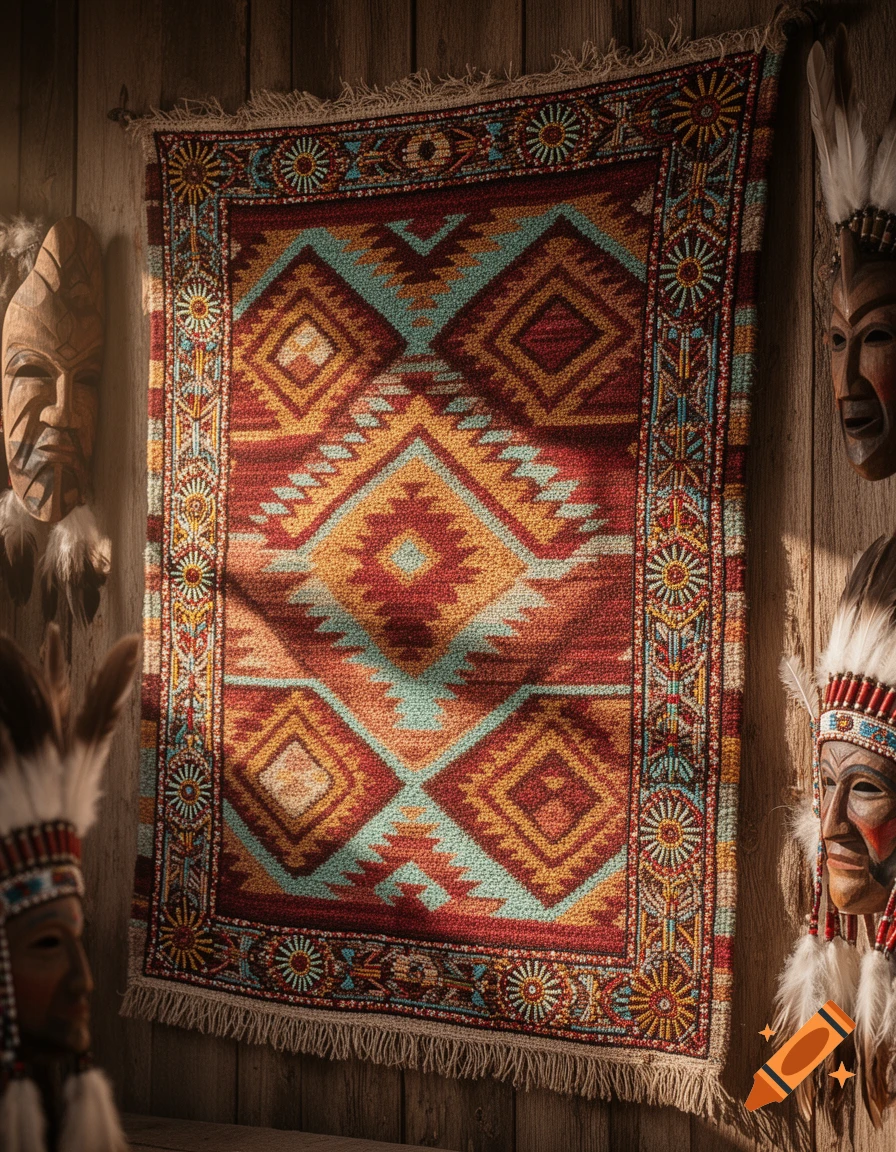 A richly patterned Native American style rug hangs on a wooden wall, flanked by decorative carved masks with feathered headdresses, bathed in sunlight.