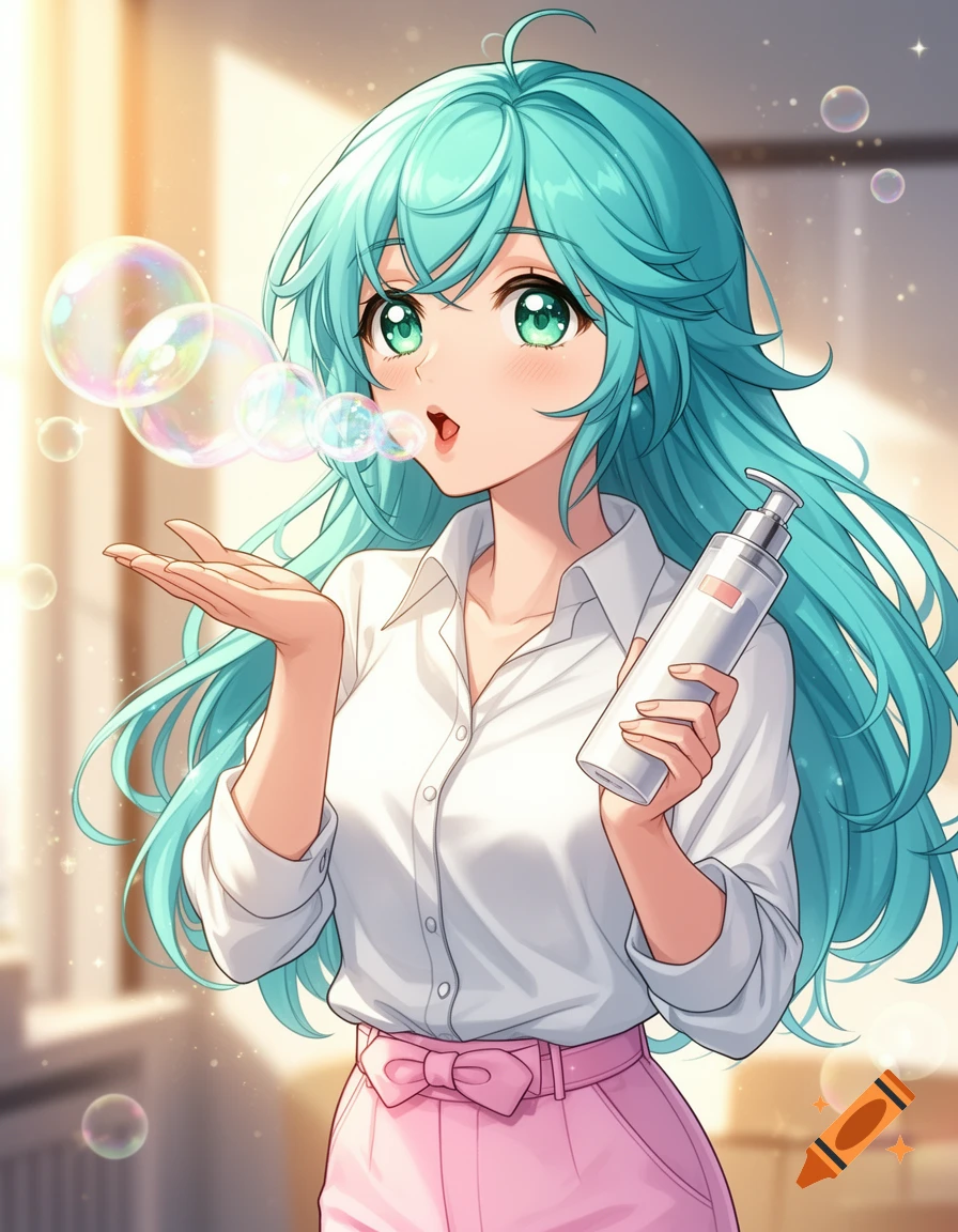 Anime woman with long teal hair blowing iridescent soap bubbles, holding a white soap bottle.