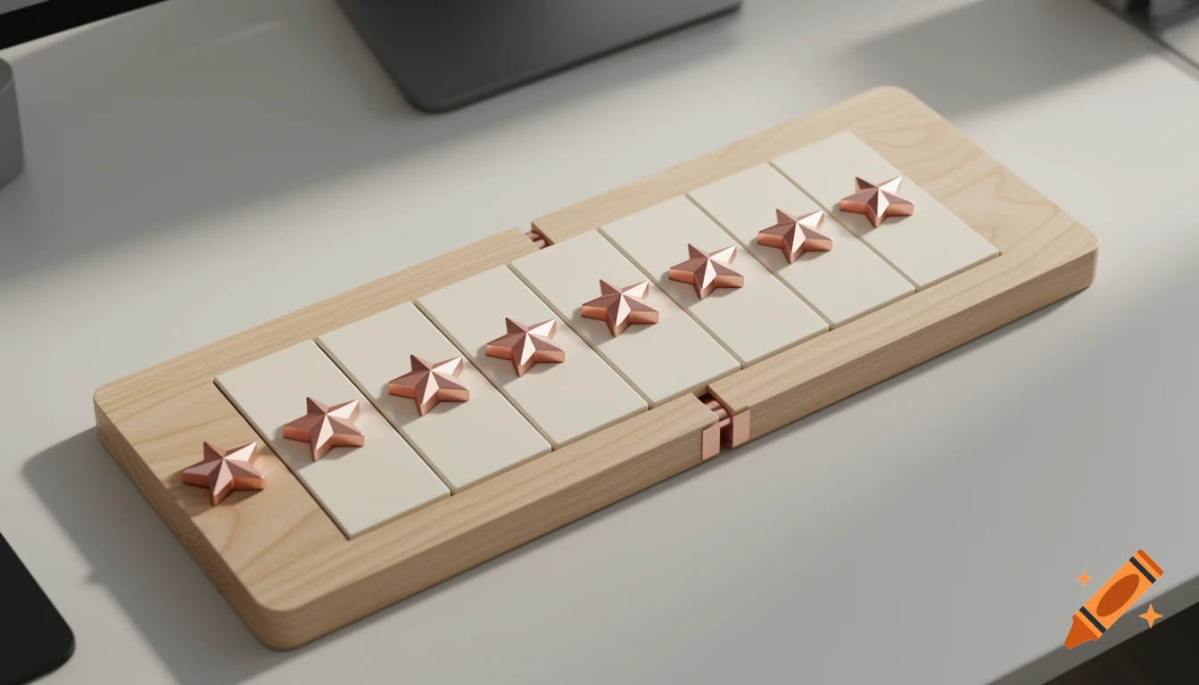 Photorealistic minimalist modular habit tracker board with light wood, off-white panels, and metallic pink gold star buttons.
