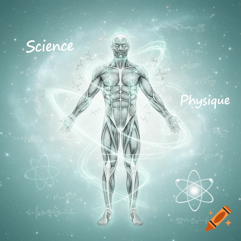 Stylized anatomical drawing of a human body, glowing white against a teal starry background, surrounded by scientific formulas, atoms, and molecules. The words 'Science' and 'Physique' are also visible.