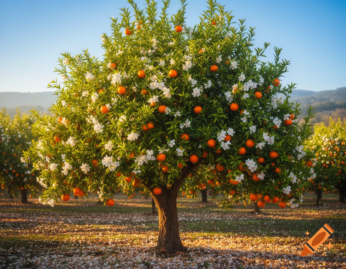 A vibrant orange tree full of ripe oranges and white blossoms stands in a sunny orchard, with dappled light on the ground.