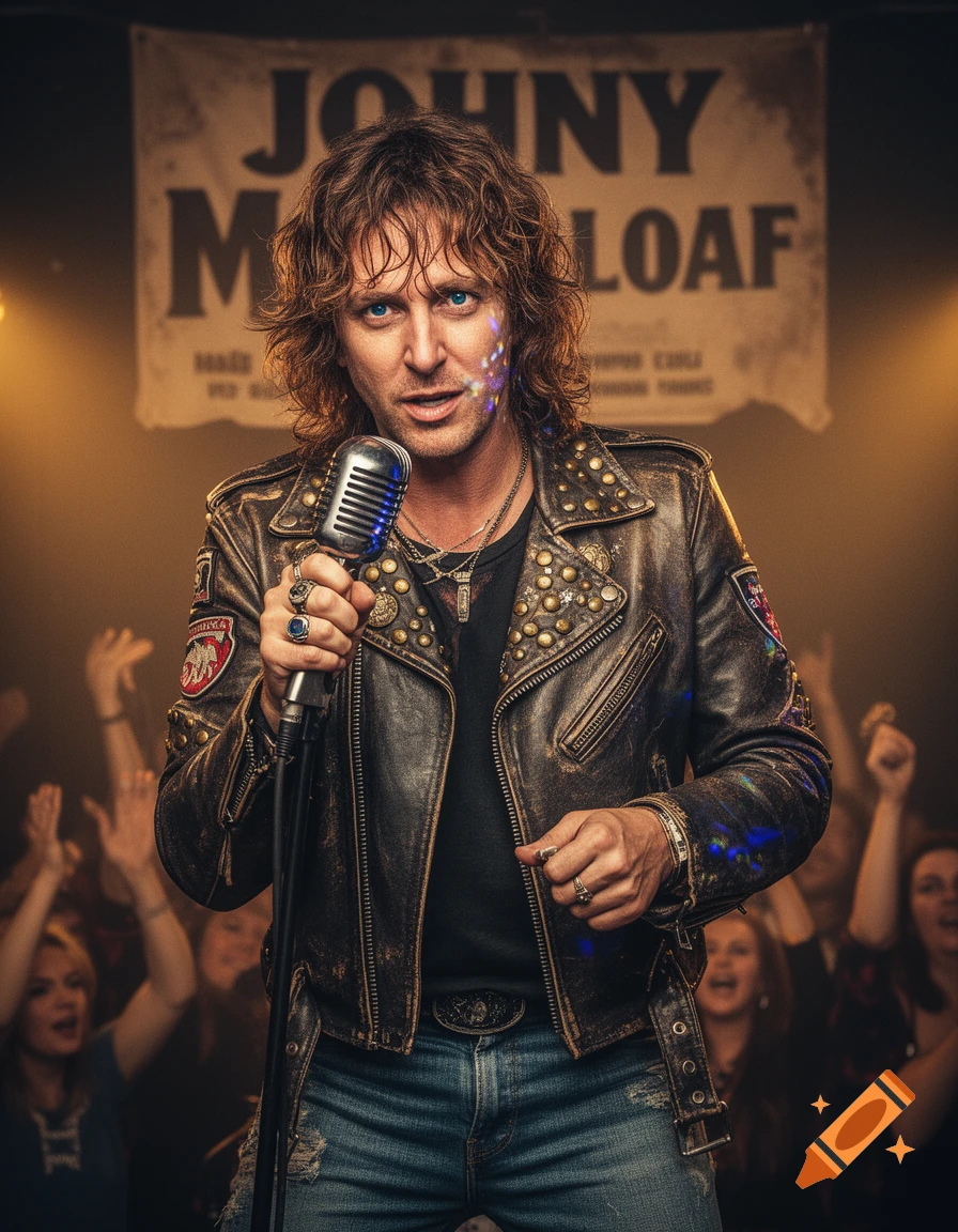 A male singer with long curly hair and a studded leather jacket holds a microphone on stage, with a crowd and a banner in the background.