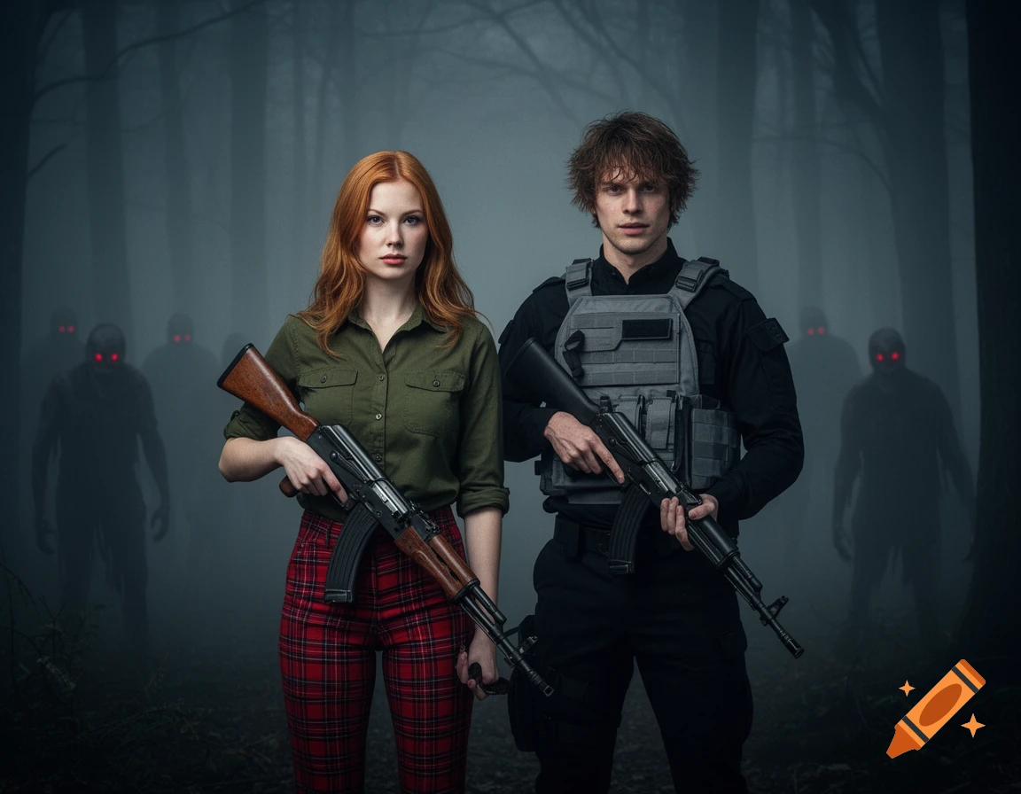 A man and woman with firearms stand ready in a misty forest, with shadowy zombies with glowing red eyes in the background.