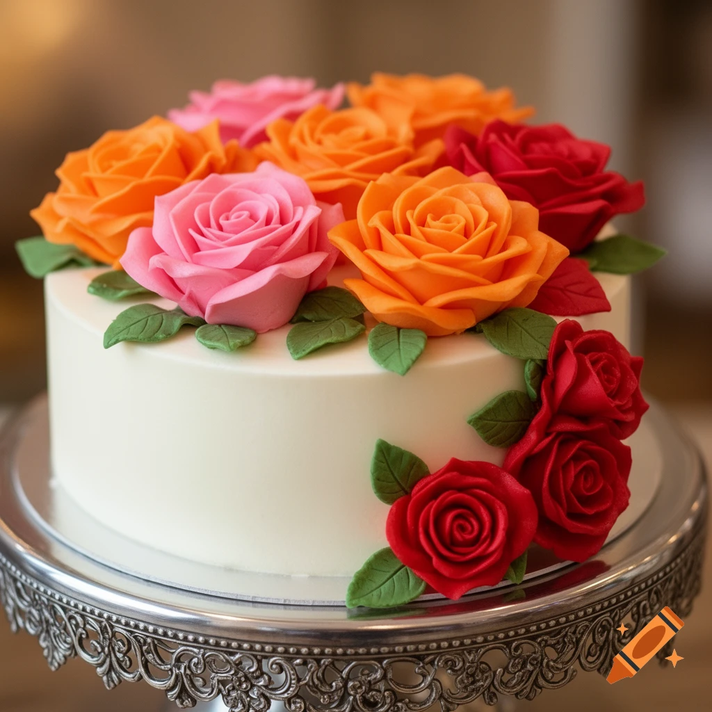 A white frosted cake decorated with pink, orange, and red frosting roses and green leaves on a silver stand.