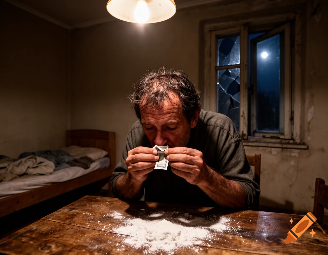 A disheveled man snorting white powder from a folded bill in a dimly lit, dilapidated room with a broken window.