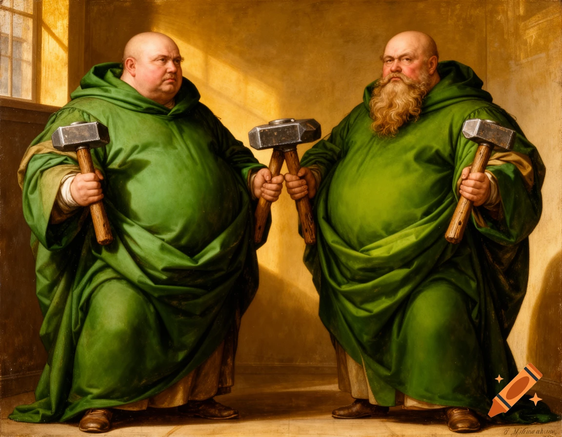 Two rotund bald men in green robes, one bearded, each holding a large sledgehammer, in a Renaissance painting style.