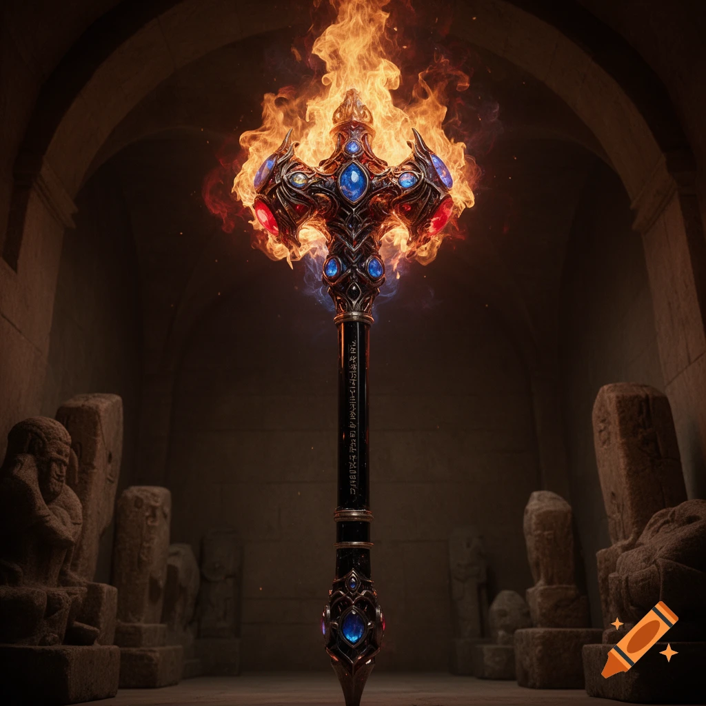 A detailed fantasy mace with a fiery, gem-encrusted head and ornate handle, standing in a dimly lit ancient stone temple.