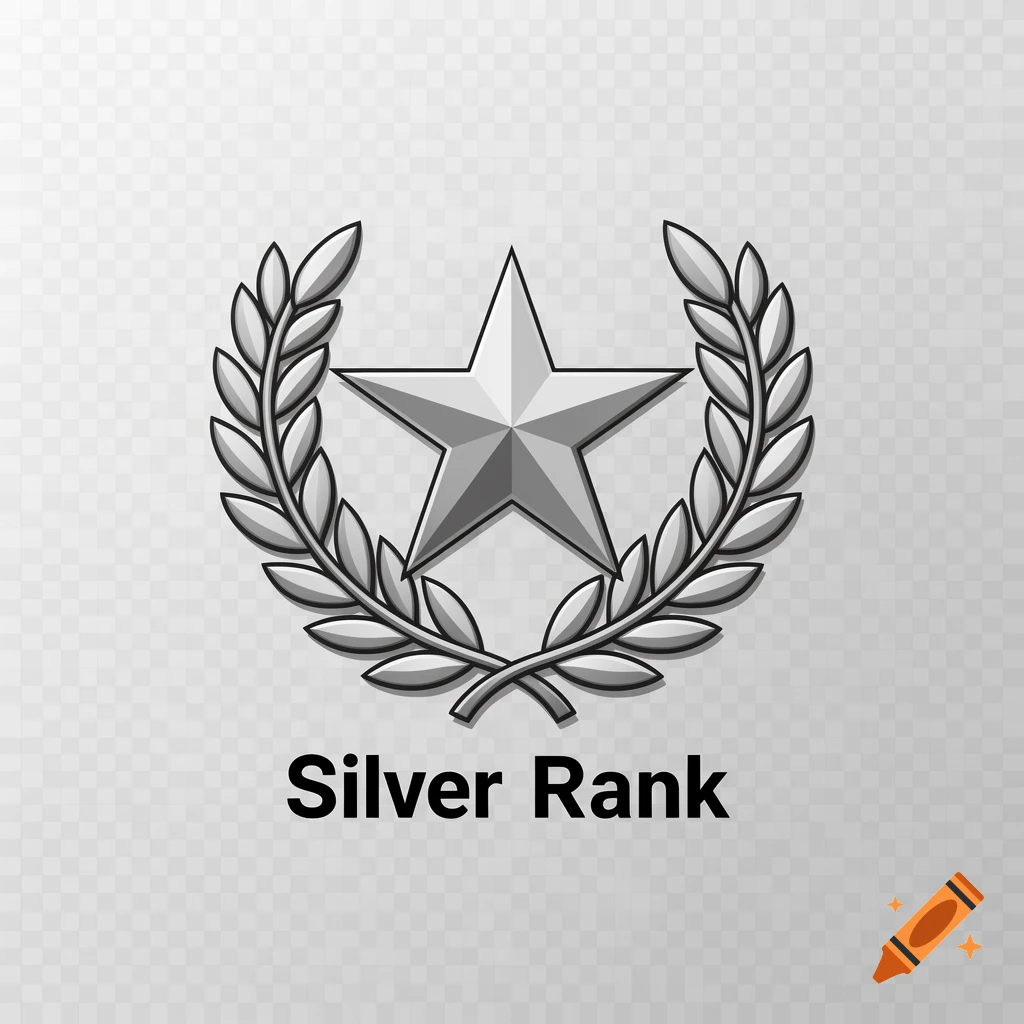 A silver rank badge featuring a star within a laurel wreath and the text 'Silver Rank' on a transparent background.