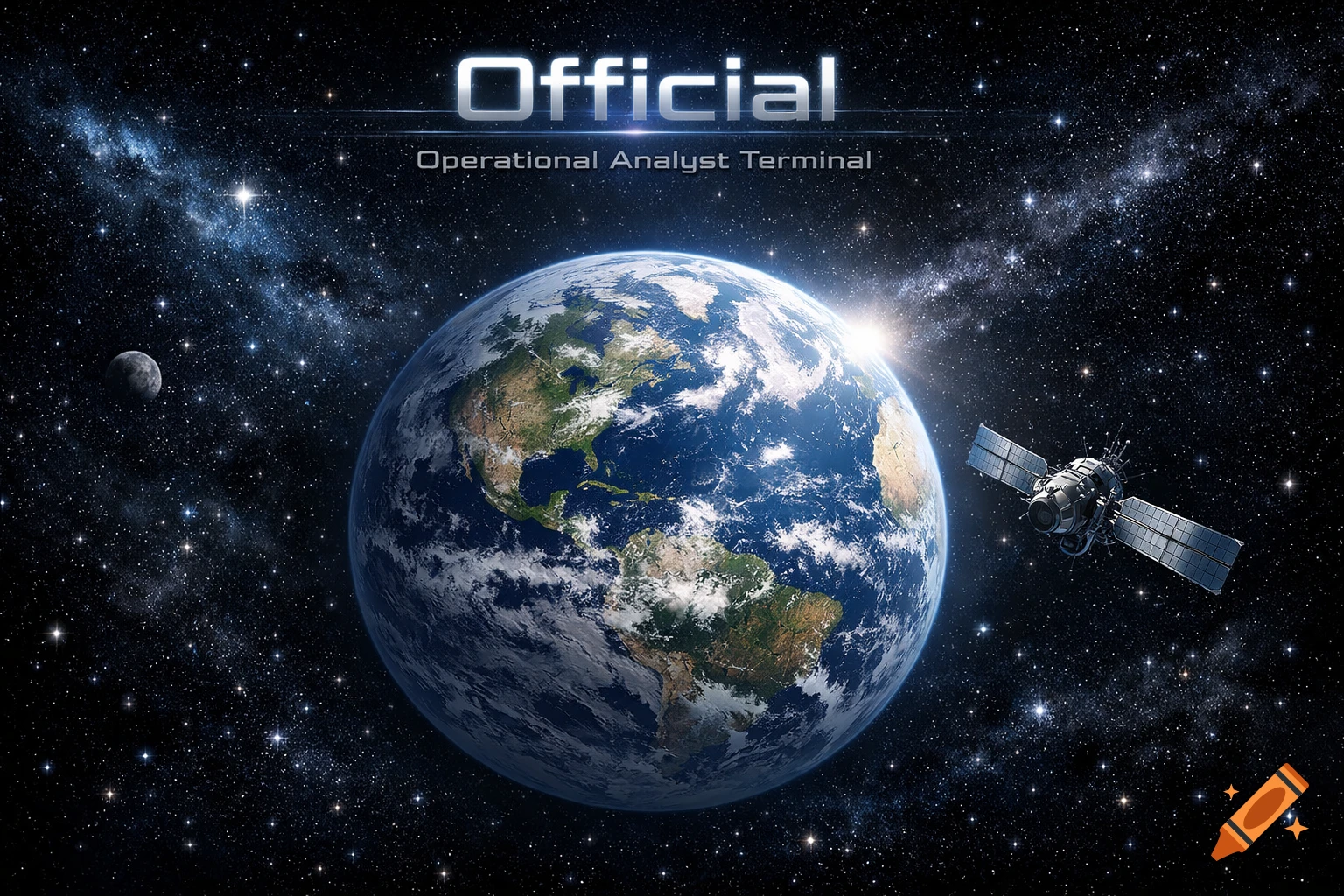 Photorealistic view of Earth from space with an orbiting satellite, the moon, and text 'Official Operational Analyst Terminal'.