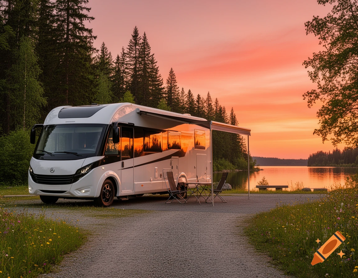 A white RV parked on a gravel path by a lake at sunset, with an orange sky reflected in the water and windows. Camping chairs are set up.