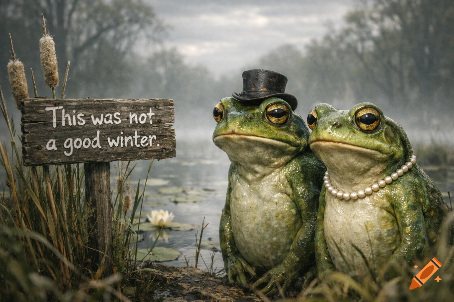 Two anthropomorphic frogs, one wearing a top hat and one a pearl necklace, sit by a misty pond with a sign reading 'This was not a good winter.'