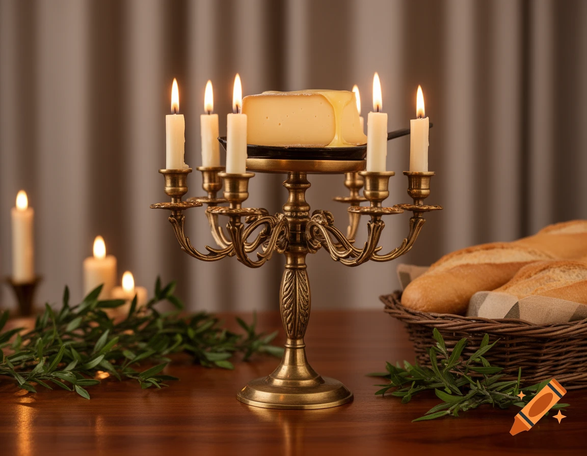 A photorealistic image of a raclette dinner with cheese melting over a candelabra, bread, and greenery on a wooden table.