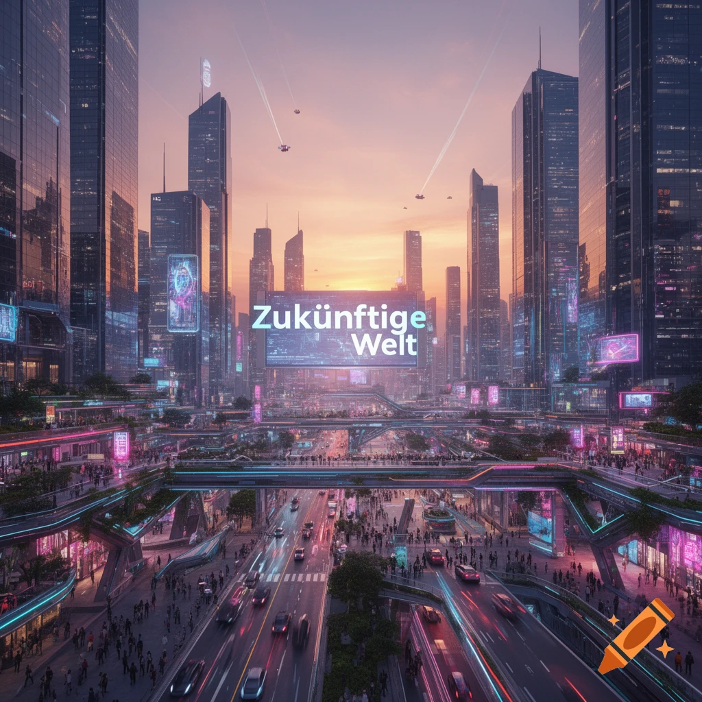 A vibrant, futuristic cityscape at sunset, featuring towering skyscrapers, multi-level roads with car light trails, and flying vehicles. The text "Zukünftige Welt" glows in the center.