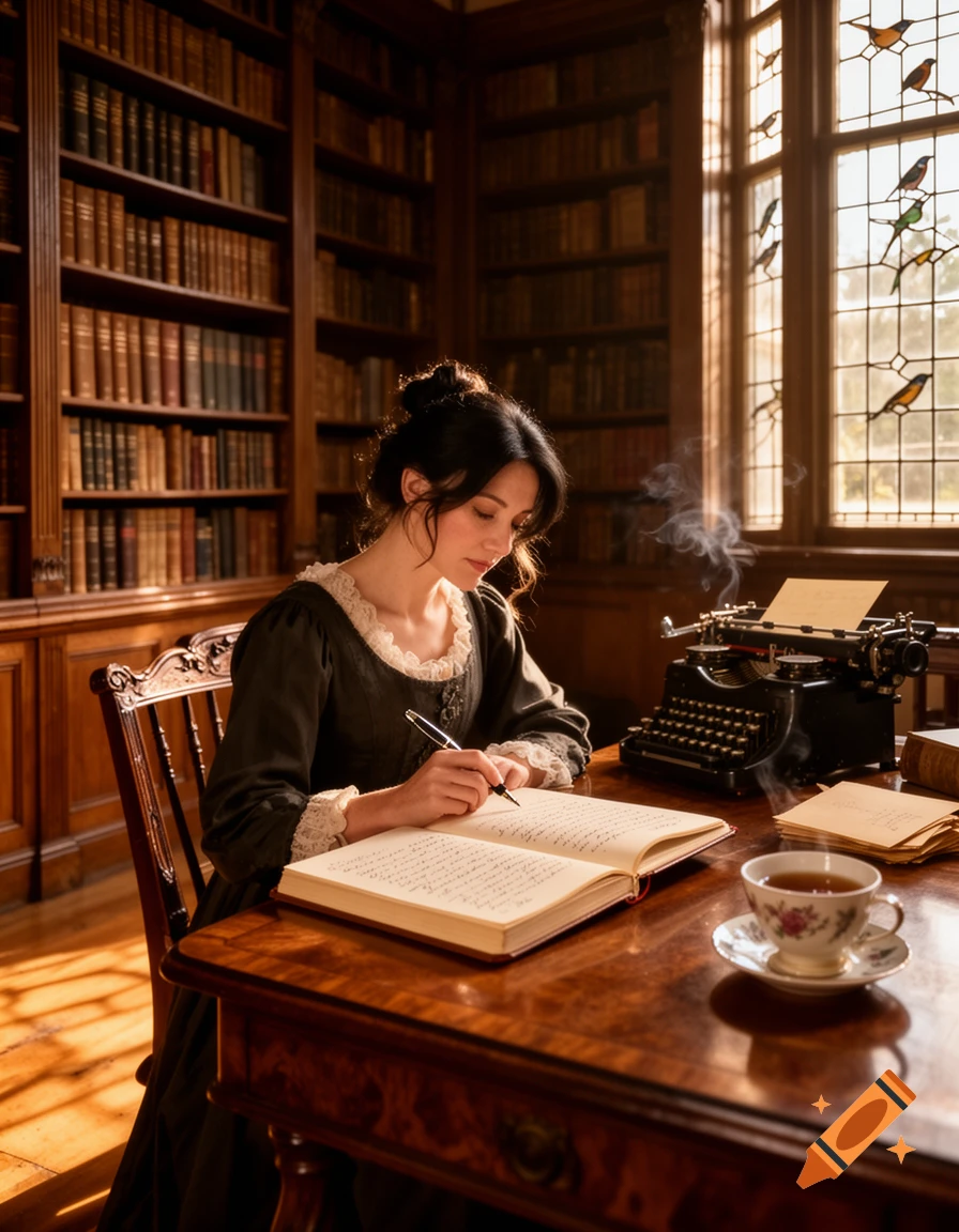 A woman in a historical dress writes in a large book at a wooden desk in a sunlit library with a typewriter and tea.