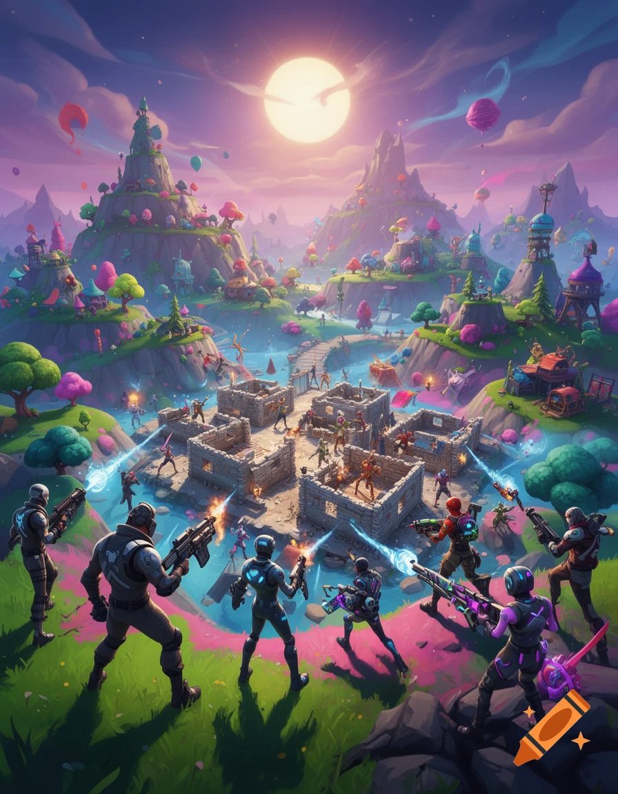 A vibrant Fortnite-style battle scene set in a colorful fantasy landscape with multiple players shooting near a constructed fort, under a large full moon.
