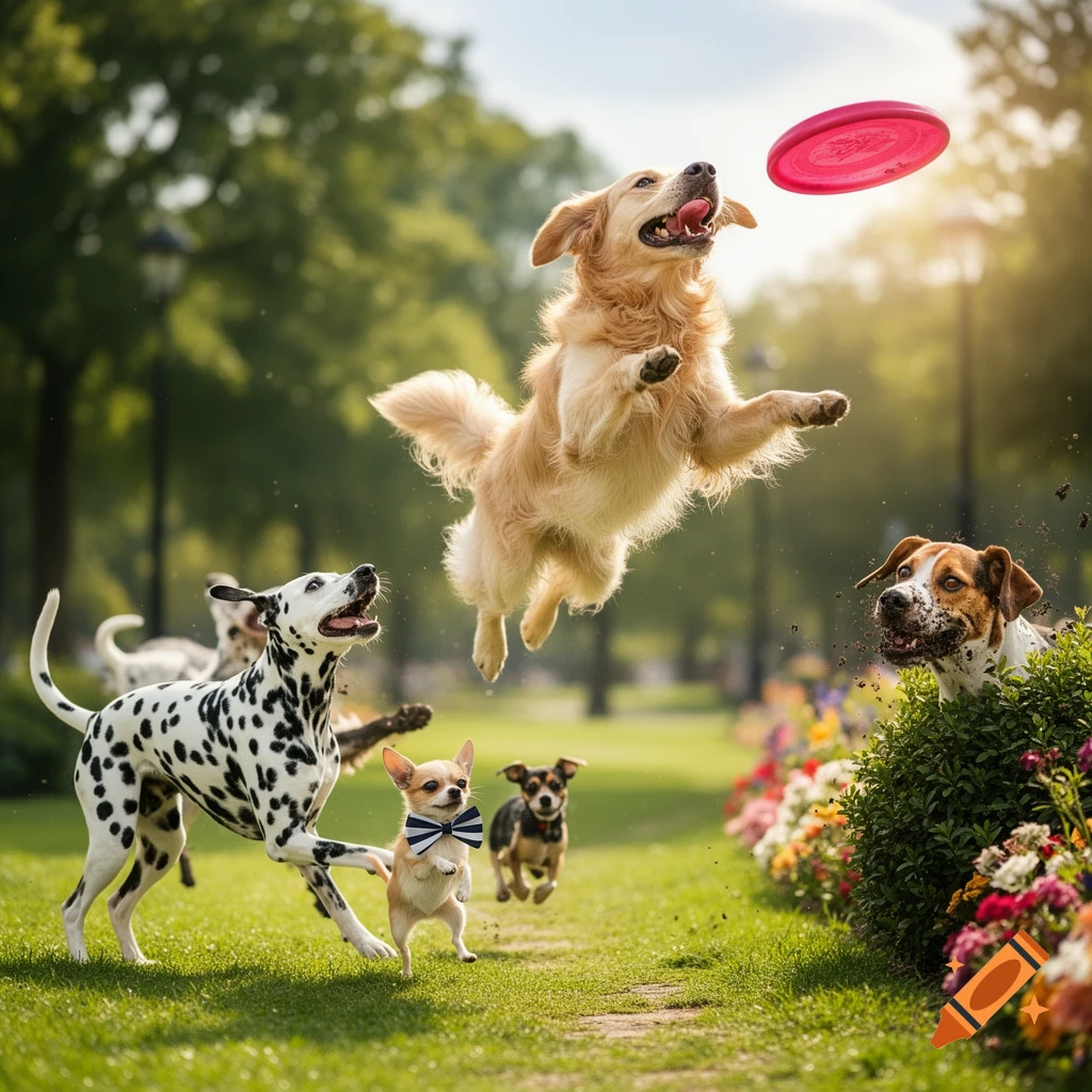 A golden retriever leaps high to catch a pink frisbee in a sunny park, with a Dalmatian, Chihuahua, and other dogs playing on the grass.