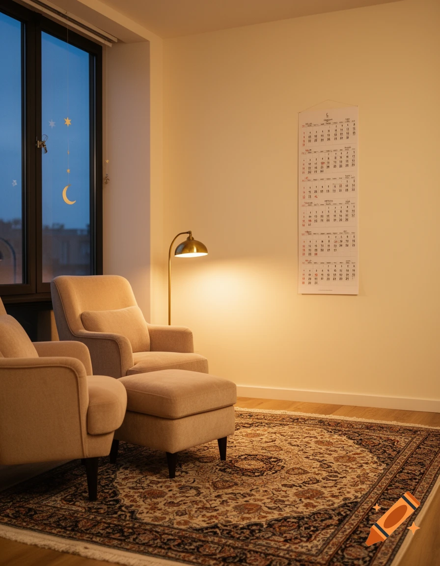 A cozy room with two beige armchairs and an ottoman. A brass floor lamp illuminates a cream wall with a calendar, while a window displays a moon and stars decoration.