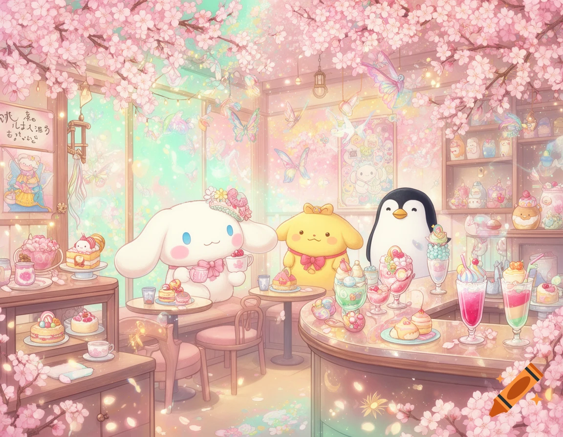 Cinnamoroll, Pompompurin, and a penguin enjoy pastries and drinks in a pastel Japanese cafe with cherry blossoms and sparkling lights.
