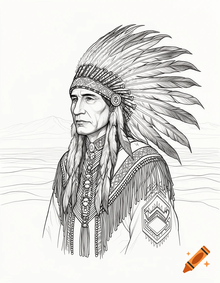 Line art drawing of a Native American man in profile, wearing a full feather headdress and traditional attire.
