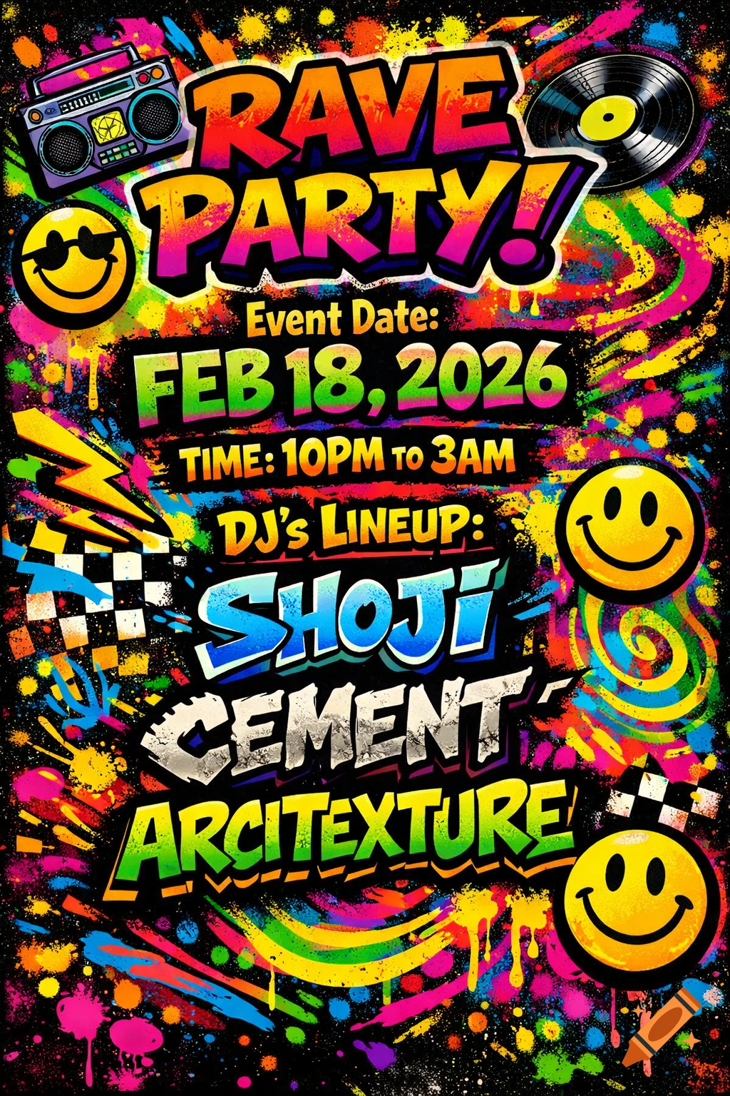 A vibrant 90s-style rave party flyer with neon colors, paint splatters, smiley faces, a boombox, and a vinyl record. It announces 'Rave Party!' for Feb 18, 2026, from 10 PM to 3 AM, featuring DJs Shoji, Cement, and Arcitexture.