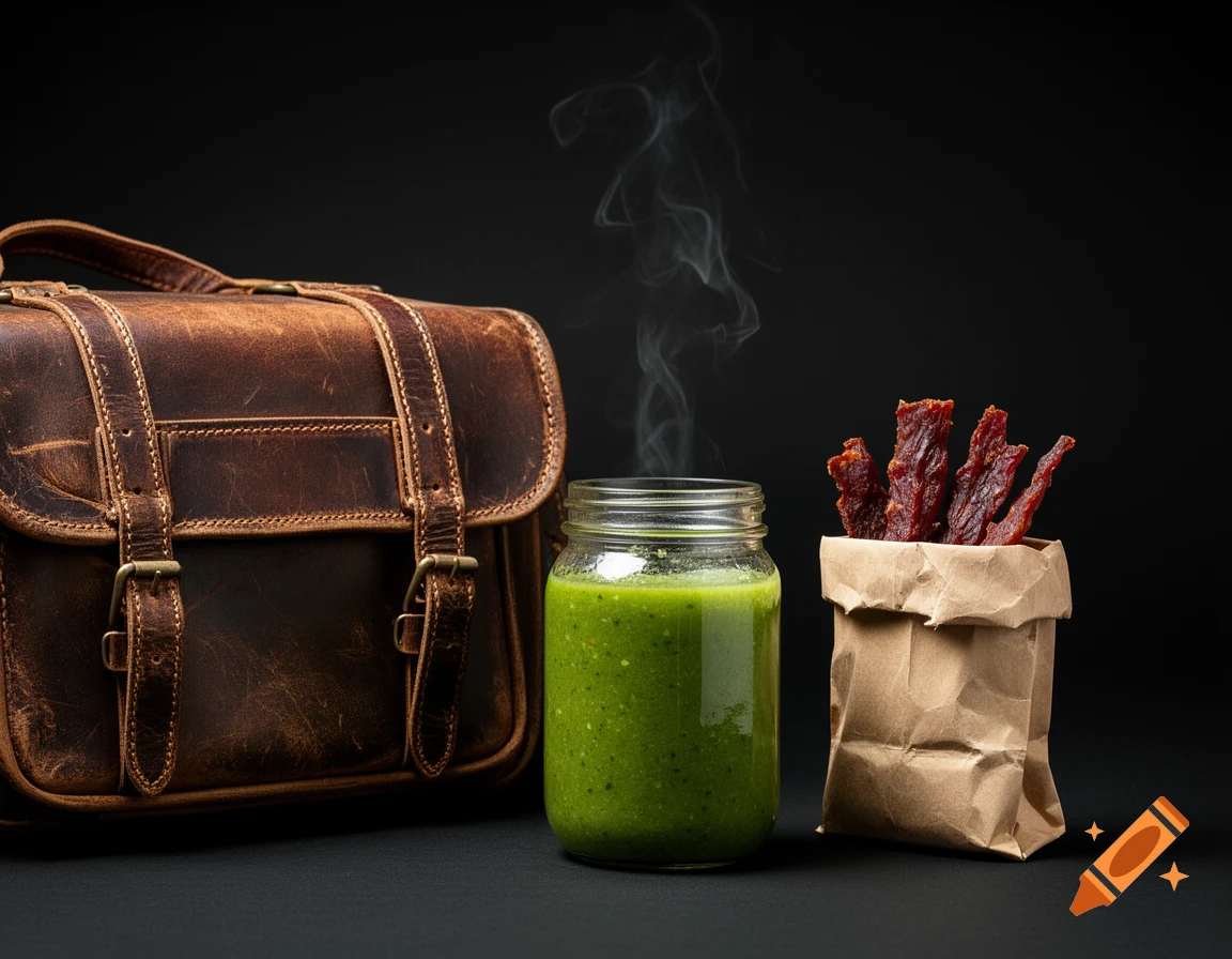 A photorealistic still life featuring a brown leather satchel, a glass jar of green soup with steam, and a paper bag of beef jerky on a black background.