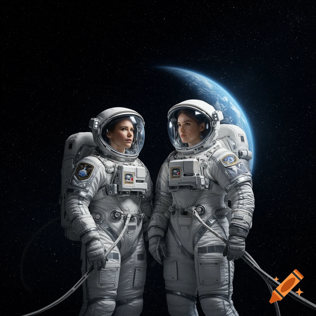 Two women in detailed white astronaut suits float in space with a large blue Earth visible in the background.