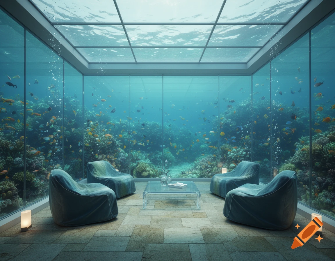 A luxurious underwater room with glass walls and ceiling revealing a ...