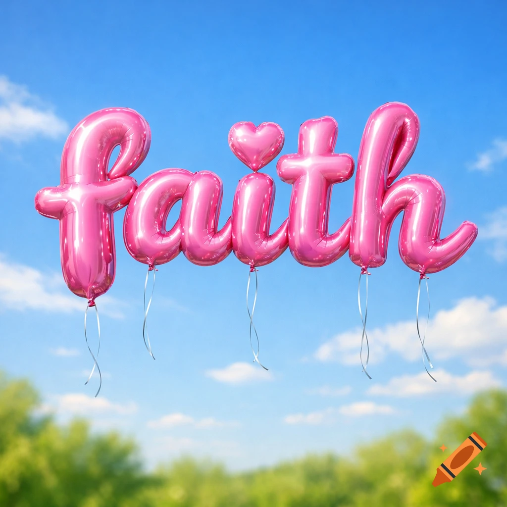Shiny pink balloon letters spelling 'faith', with a heart dot, floating in a blue sky above green trees.