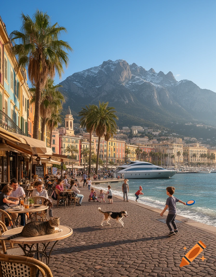 A vibrant cobblestone promenade with people, cafes, a cat, and a dog by the sea, a yacht, and snow-capped mountains.