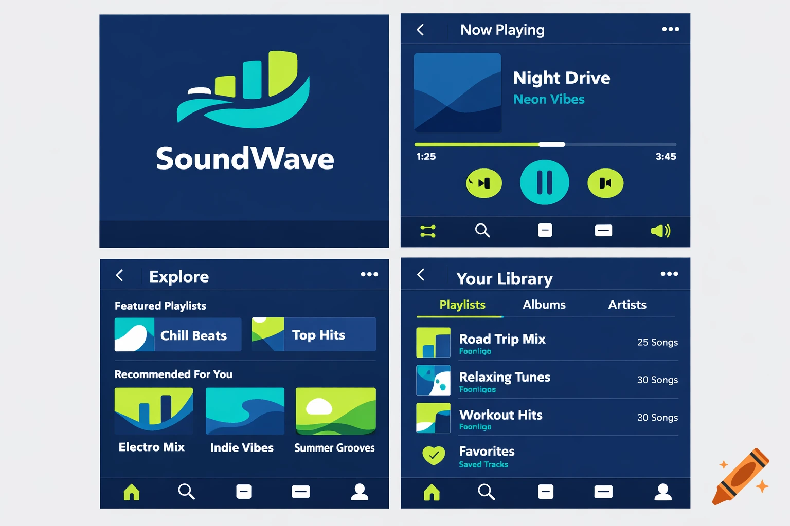Four screens of a modern music app UI named SoundWave, featuring now playing, explore, and library views with blue and green accents.