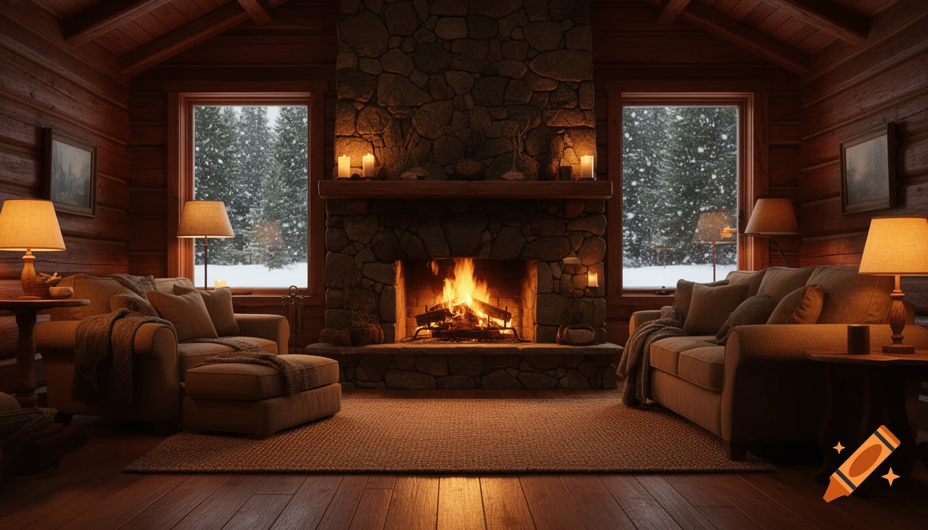 A cozy wooden cabin interior with a burning fireplace, warm ambient lighting, and snowy trees visible outside two windows.