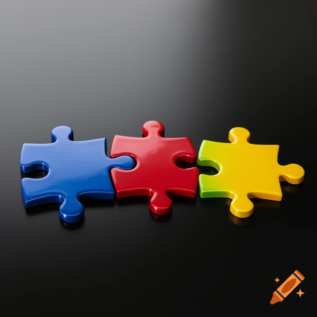 Three colorful, shiny puzzle pieces (blue, red, yellow) interlocked on a dark, reflective surface.