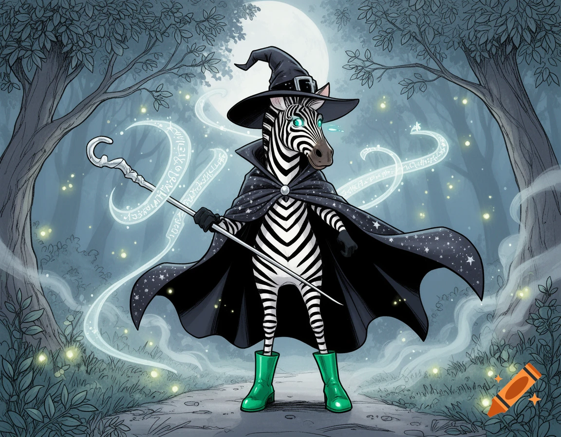 Cartoon zebra witch in a moonlit forest holding a magical staff with ...